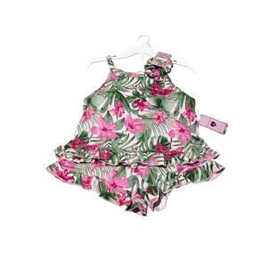 Btween 10 pink green floral ruffled pajama set with scrunchie super soft nwt